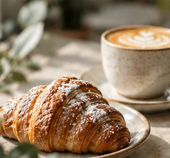 Cornetto artigianale e cappuccino su un tavolo luminoso