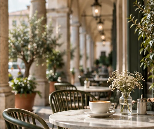 Caffetteria luminosa sotto i portici con tavolini e piante